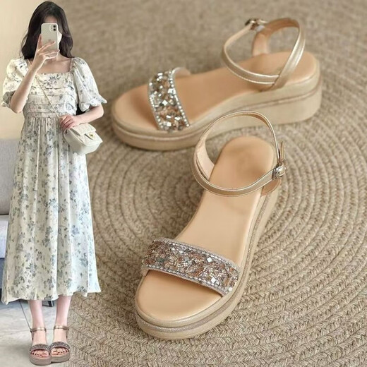 Belle escaliers Sandales à talon pour femmes, été 2025 Nouvelles sandales de sangle épaisses, chaussures de femmes à talons hauts exquis, couleur abricot 36