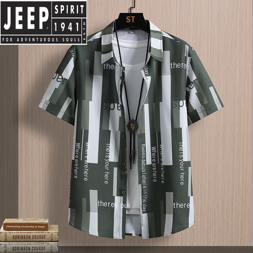JEEP SPIRIT夏季新款冰丝短袖衬衫男韩版时尚花衬衣百搭外穿休闲男装条纹衬衣 JT7027蓝色 M 90-109斤