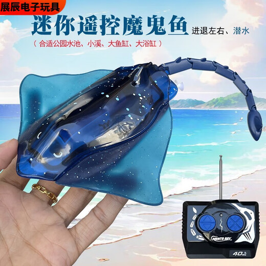 溥畔迷你型遥控魔鬼鱼仿真快艇潜水艇蓝鲸鱼儿童戏水上玩具充电动小船 深蓝 潜水鲸鱼-27mhz 标配充电-+遥控器电池+工具