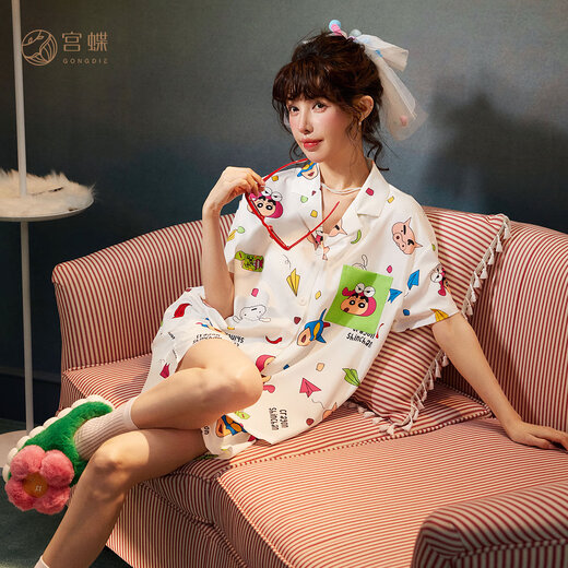 Gongdie Gongdie 3-piece set Crayon Shin-chan couple pajamas for women summer ice silk short-sleeved long-sleeved home clothes set for men