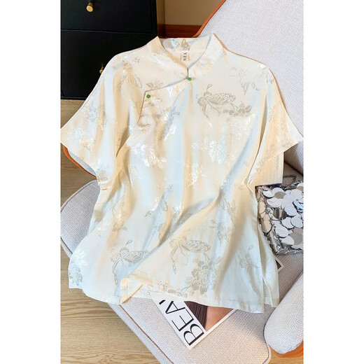 Jiandang grande taille Vêtements féminins Fat MM Nouveau Satin Satin Jacquard Nouvelle perle de style chinois tombant des vêtements de thé top 6630 m blanc M [110-125jin [Jin est égal à 0,5 kg]]]
