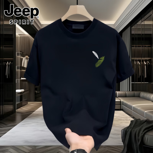 吉普（JEEP）男士短袖t恤夏季薄款宽松休闲印花半袖衣服男款重磅纯棉体恤 白色前左侧小图K1098 两片小羽毛 L 建议120-140斤