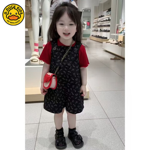 G.DUCK女童背带裤夏季套装2025新款洋气中小童夏天短袖儿童背带裤两件套 黑色碎花背带裤+红色T 110