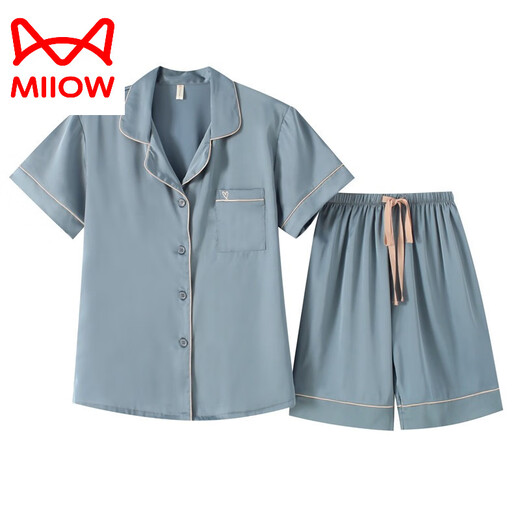 
Catman (MiiOW) short-sleeved shorts pajamas for women with high-end ice silk new summer solid color imitation silk suit thin casual home clothing 3899 pine green XL (weight 108 to 125)