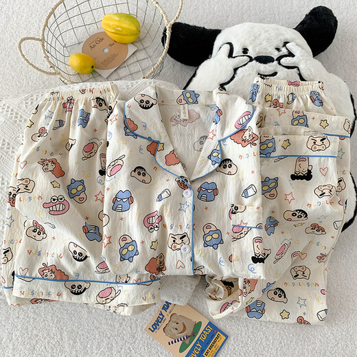 Niedlicher Crayon Shin-Yun-Baumwollpyjamas für Frauen dreiteilige Sommer-Strickjacke Cartoon Home Clothing Set JHX-9901J#Pink Bian Mike M Empfohlen 80-100