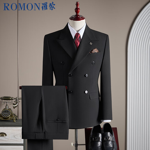 ROMON suit + vest + trousers suit men's business double-breasted casual suit dress men's black 3XL
