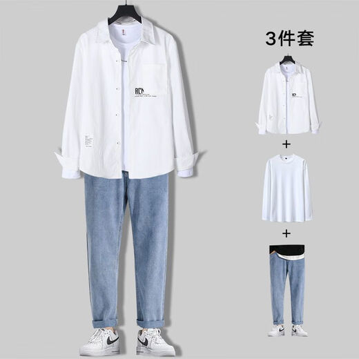 TTPMER男士春秋潮流休闲套装潮牌成熟两件套 679蓝色衬衫+长白T+71蓝牛仔裤 M