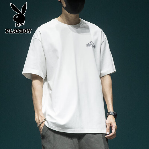 花花公子（PLAYBOY）重磅260g三本针短袖T恤男宽松大码美式高街印花夏季上衣 T1506墨绿色 M 体重100-125斤