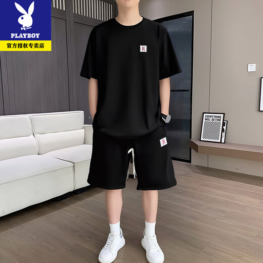 Playboy Herren-Gelegenheitsanzug Sommer loser atmungsaktives Kurzarm T-Shirt Koreanische Modetrendy-Sport-Sport-Set [Set] 2503 Khaki XL empfohlen 140-160jin [Jin ist 0,5 kg]
