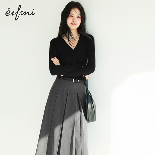 伊芙丽（eifini）伊芙丽经典简约质感百褶长半裙女2025秋季新款百搭休闲通勤裙子 沉檀灰 中长版 随单赠送皮带 S 80-100斤