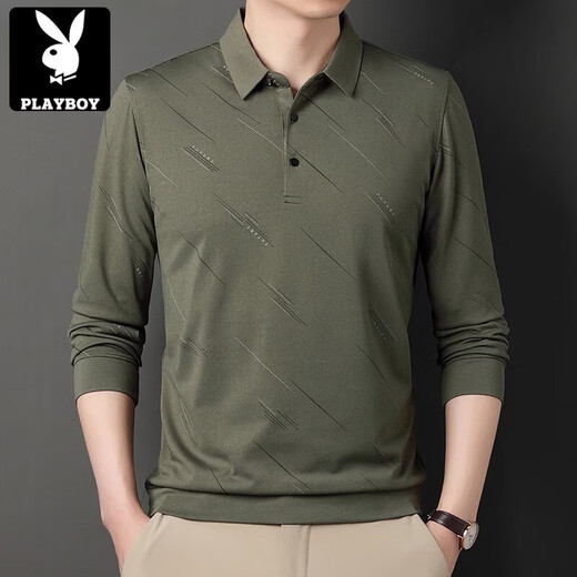 花花公子（PLAYBOY）夏季冰丝t恤男士长袖2025新款中年休闲翻领薄款爸爸体恤衫 829藏青色 M 165