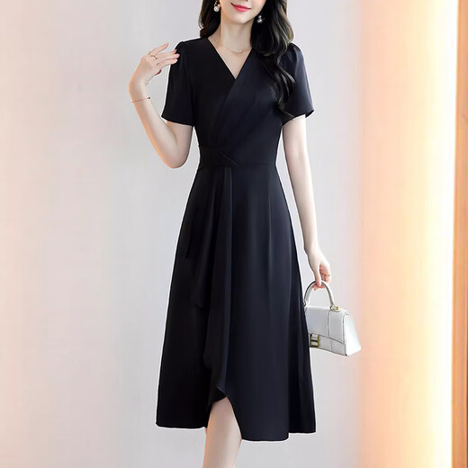 
XAE luxury high-end brand short-sleeved dress for women 2025 summer new V-neck temperament solid color versatile slim skirt beige L [Suggested 105-115Jin [Jin equals 0.5 kg]]