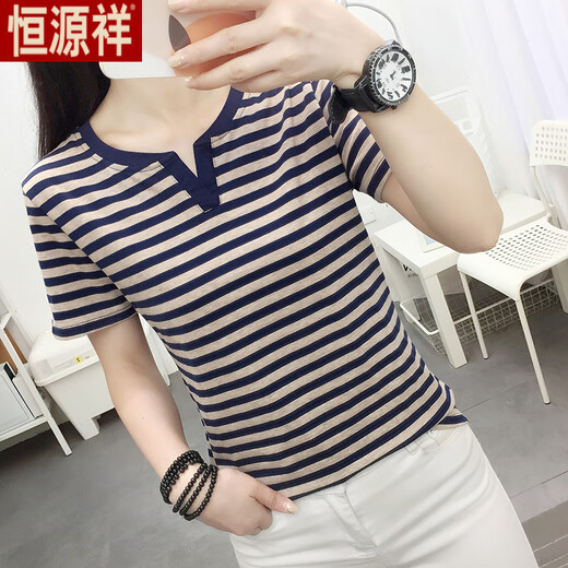 Hengyuanxiang Fat MM Vêtements pour femmes de grande taille Summer 2025 T-shirt à manches courtes en coton en V Lower Coton en V Couvrant le ventre à la mode Blue 838 L Recommandé 105-120Jin [Jin est égal à 0,5 kg]