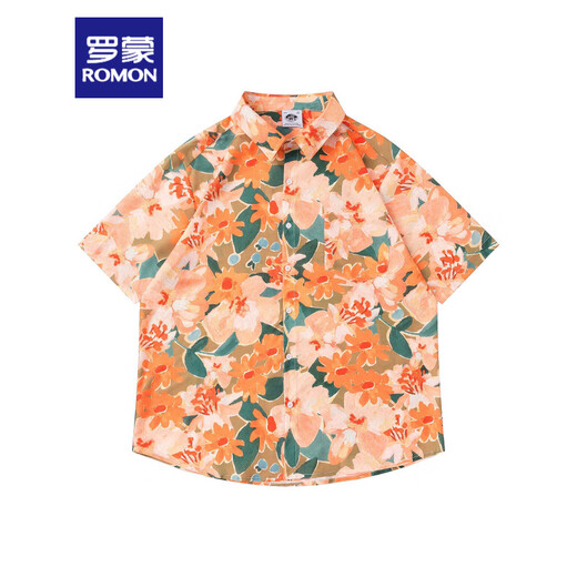 ROMON oil painting Hong Kong style retro floral shirt men Hawaiian vacation loose summer couple short-sleeved shirt 3524 green M