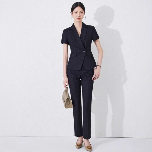 Summer Profesional Traje de cuello de traje pequeño de manga corta para mujeres Nuevo estilo Hotel Recepción delantera ropa de trabajo Formal Winist Trabajo de estilo nuevo Traje negro + pantalones (JY6210) 2xl