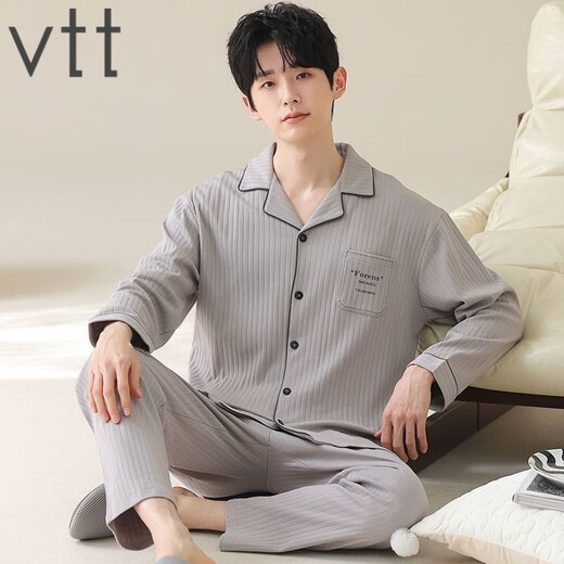 VTT男士睡衣男款春秋款2025新款纯棉长袖秋冬款秋季家居服套装 V长袖套装：OMM12026 坑条 L
