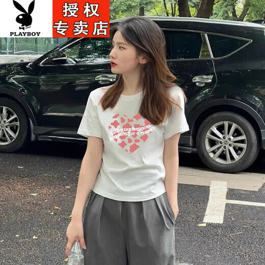 花花公子（PLAYBOY）欧货纯棉女士短袖t恤浅粉色正肩女装夏装2025新款修身上衣体恤 1585粉色常规款(粉紫印花) S