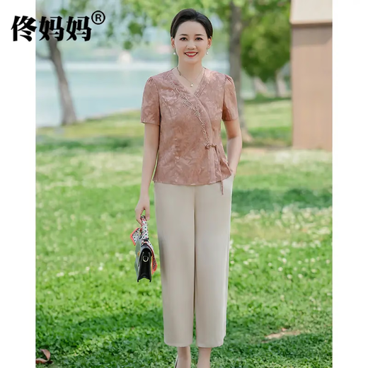 TULX Tong Mother's Women's Wear Mother's Day Mother's Summer Short Sleeve Suit Fashionable Small Shirt Middle-aged Women's Wear Two-Piece Set 761 Silver Gray XL (90Jin[Jin is equal to 0.5 kg]-105Jin[Jin is equal to 0.5 kg])
