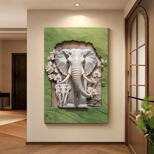 CLCEY French cream style entrance door front door decoration painting elephant relief mural living room sofa background wall hanging painting Xianglu Shuangrui B model 80*12035mm aluminum alloy frame + tempered transparent crystal