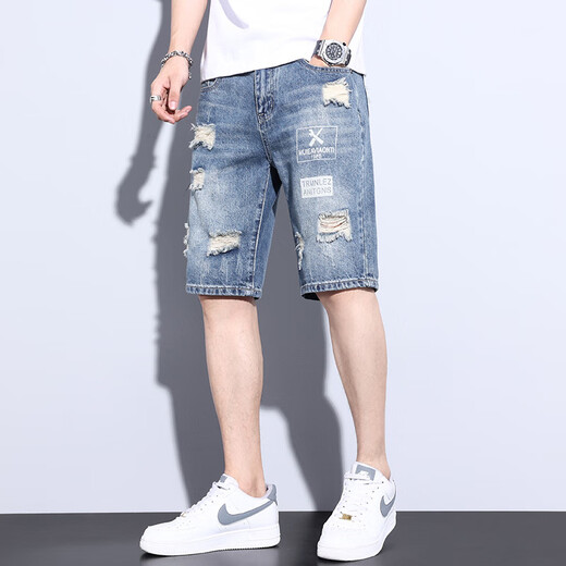 LEE KIDS牛仔短裤男夏季薄款宽松七分韩版潮流马裤破洞休闲潮牌五分中裤子 升级款直供-T693蓝色 28 建议90-100斤