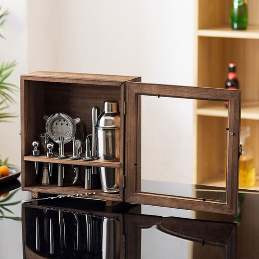 Fernas Stainless Steel Mixer Cocktail Mixing Tool Set Shaker Jug Beat Lemon Combination with Wooden Frame Dustproof 600ml Glass Shaker-13 Piece Set