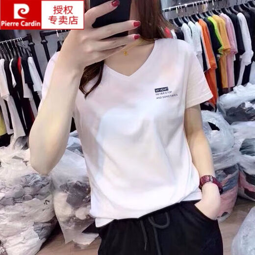 Pierre Cardin V-Ausschnitt kurzärmeliges T-Shirt für Frauen lose Baumwollbasis-Hemd-Schulter-Top 2025 Neue Sommer-Ins Trendy halbärmelige T-Shirt V-Ausschnitt KC693 White M.