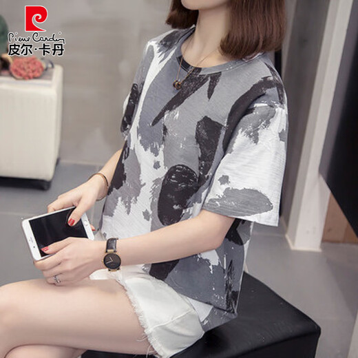 皮尔卡丹（pierre cardin）纯棉短袖T恤女夏装新款200斤mm加大码宽松显瘦百搭遮肚子上衣女士 9928灰色 M 80-95斤