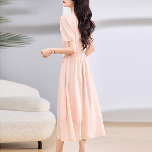 
XAE luxury high-end brand short-sleeved dress for women 2025 summer new French V-neck temperament waist-hugging slimming skirt Pink L