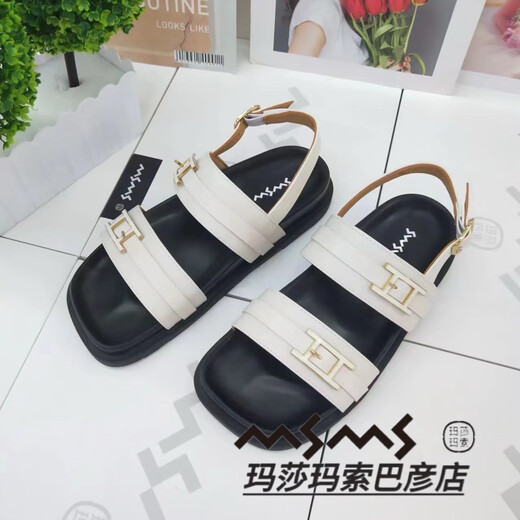 玛莎玛索 MSMS2025夏季新款凉鞋女夏季百搭平底凉拖鞋9755-6 米白色 35