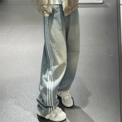 Adidas Clover Women's Pants 2025 Spring New Product Wide-Level Washed Denim Sport Pants Scimitar Pants JX9212 JX9214 Dark Blue_Gradial 30