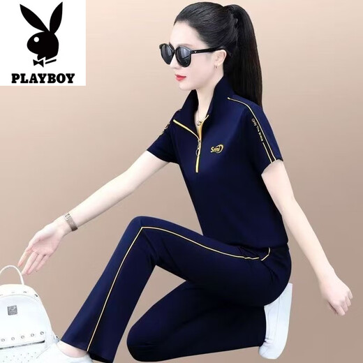 Playboy (Playboy) Mode-Set für Frauen 2025 Sommer neues modisches Alter reduziert schlankende Kurzschlämchen Top Wide Lein Hosen lässig zweiköpfig trendy schwarze Single-Hosen-Schauen Sie sich Bilder-Flaggschiff Modell 2xl _Suggiert 125-140jin [Jin gleich 0,5 kg]