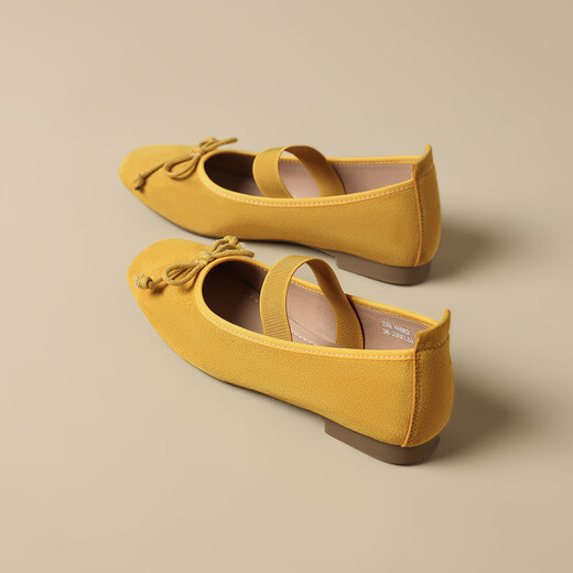 ZHR Single Shoes Frauen Sommertemperament Bow weiche flache Mary Jane Lederschuhe Frauen flacher Mund Ballet Frauenschuhe AH683 gelb 39