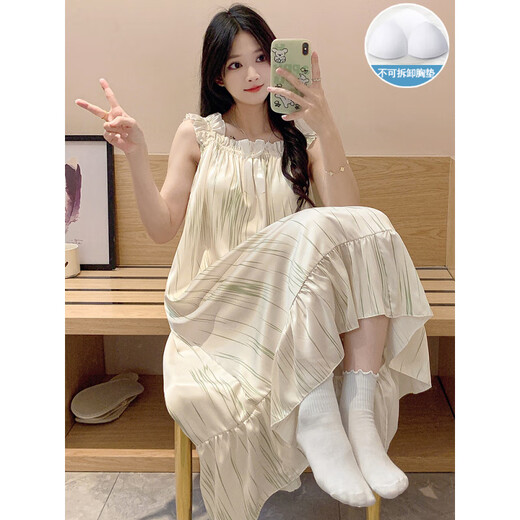 康多蜜冰丝睡衣女夏季薄款加长款吊带睡裙绸带胸垫士夏天水墨画感家居服 SSM-3889[自带胸垫] M [75-100斤]