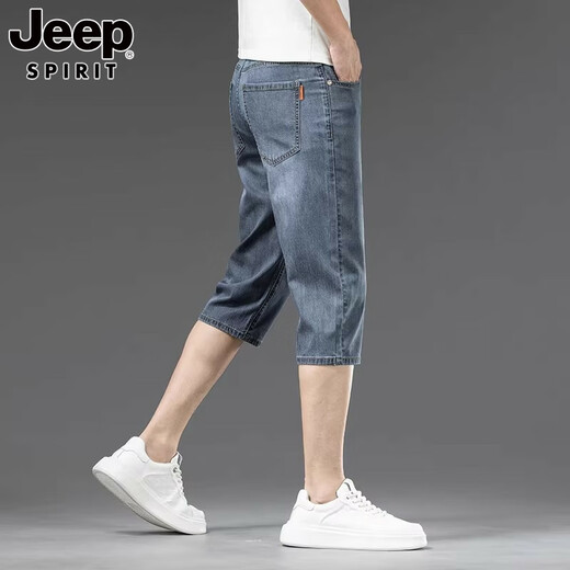 JEEP SPIRIT吉普天丝七分牛仔短裤男士夏季薄款宽松直筒冰丝潮流休闲裤子 759浅蓝 28