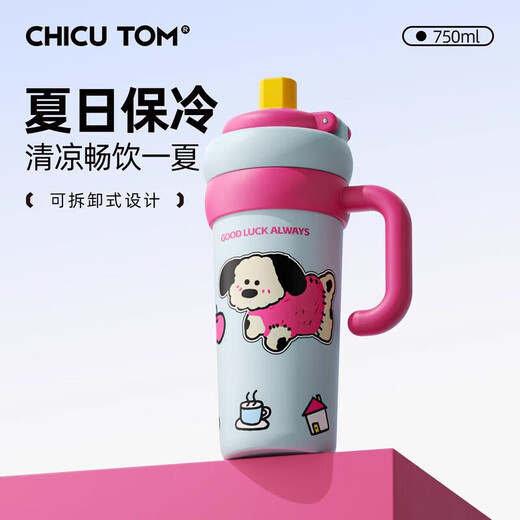 Termoscue Copa de agua de gran capacidad para las niñas New 2025 Hielo de alto valor Tibón Copa de paja Copa de paja Dog-750 ml (con contenedor de té) Cerámico de cerámica