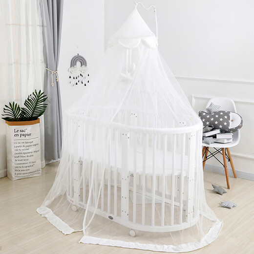 Happy Schwangerschaft High-End-Krippe bewegbares massives Holz kleines Bett Spleiß großes Bett 0-6 Jahre altes Neugeborenes Babybett Cradle Multifunktionales Bett + braune Matte + großer Tupfen 4-teiliger Set + Quilt