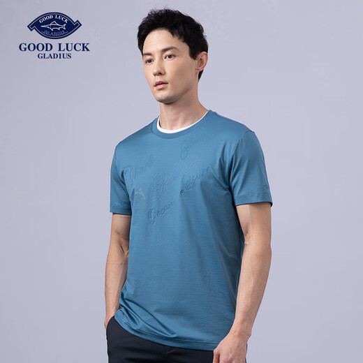德鲨短袖印花图案T恤男青年时尚圆领休闲打底衫男装上衣服LY13558 浅灰蓝 M 均码
