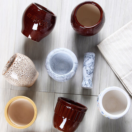 Ceramic garlic pounder stone garlic mortar household old-fashioned traditional garlic pounding jar garlic jar pounding garlic jar small four seasons floral + wooden hammer