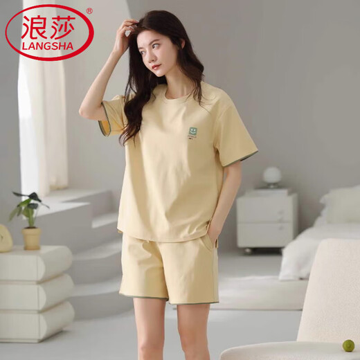 浪莎（LangSha）轻奢睡衣女夏季棉短袖短裤简约休闲棉薄款可外穿家居服套装 Z9859 XL 120-140斤