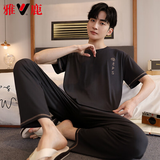 Yalu Light Luxury Bingsi Modal trousers Short-sleeved pajamas for men's summer youth extra-large size Jin [Jin equals 0.5 kg] Refreshing home clothing set AL9902 Modal - Short-sleeved trousers 3XL [150-170Jin [Jin equals 0.5 kg]]