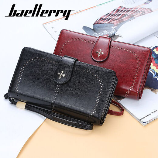baellerry新款钱包女士时尚长款多卡位拉链三折零钱包挡磁手拿包 黑色
