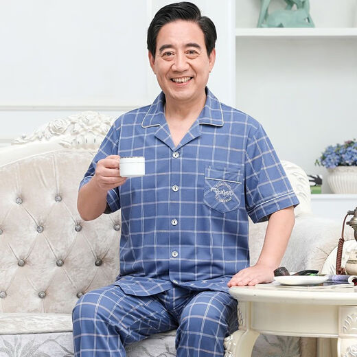猫人 MiiOW睡衣男纯棉薄款短袖家居服套装老年爸爸男士睡衣夏季格子 短袖3937#图片色 4XL 建议170-190斤