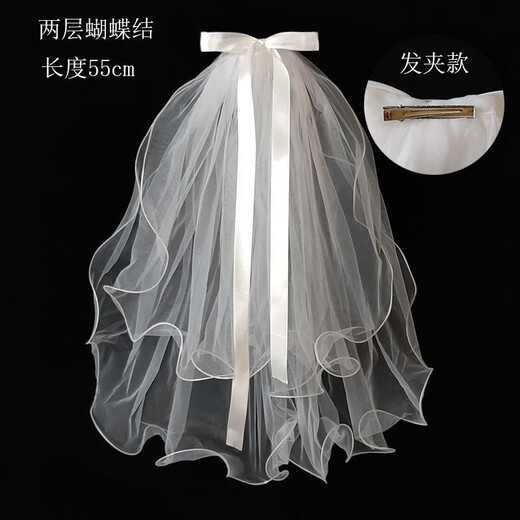 Bride's luminous veil, Korean style pearl ribbon bow hairpin veil, travel photo style, certificate, fluffy veil, beadless veil 1
