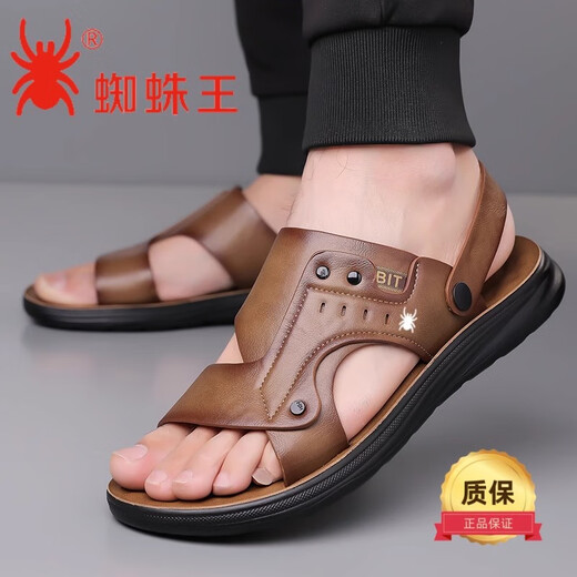 Sandals en cuir Spider King Sandales masculin 2025 Été Nouveau Solide sans glissement Sole-Us qui résistait aux chaussures de plage pour hommes Sandales Dad Sandales ZZW6623FX Brown Leather Cowhide 38 [Taille de chaussure en cuir standard]