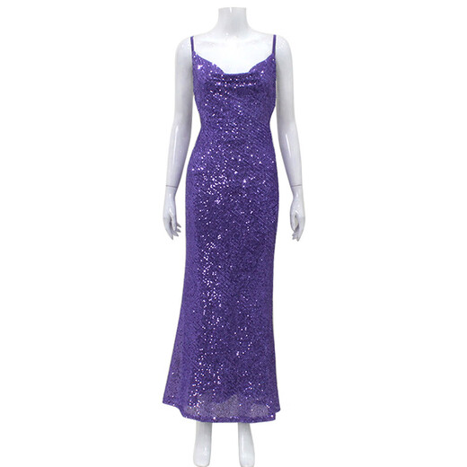 Manyu pure light luxury sequined evening dress European and American sexy low-cut backless suspender skirt slim and elegant fishtail skirt purple ready stock S