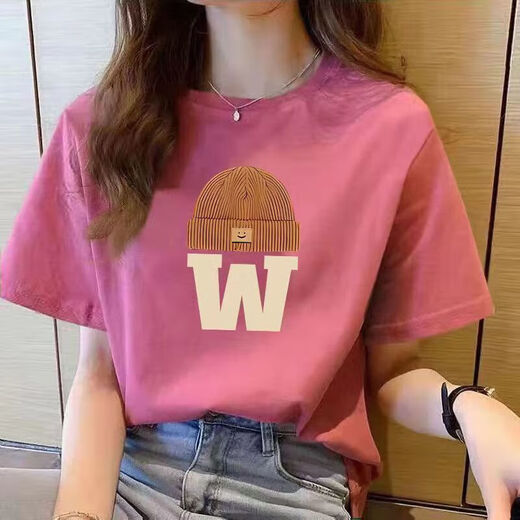 220g T-shirt à manches courtes en coton pur pour les femmes 2025 Été lâche et polyvalent rond à épaule droite T-shirt imprimé B701yl 623 vert foncé L