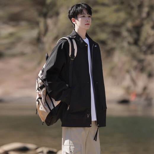 IZEXX lapel coat men's autumn Barn style trendy casual tops loose youth jacket HZ10 amber black L