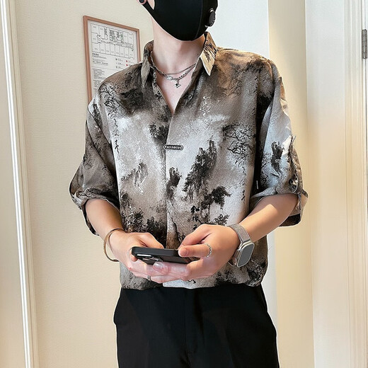 
New Chinese style shirt for men short-sleeved casual handsome ink tie-dye shirt for summer thin men's national trend top FC-A683 khaki 3XL