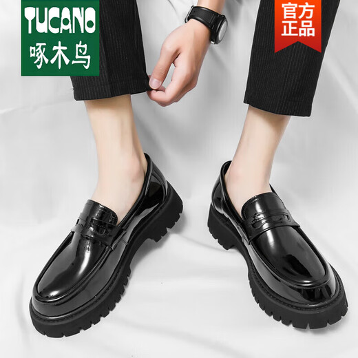啄木鸟一脚蹬男士乐福鞋2025年新款男鞋增高厚底亮面潮流皮鞋懒人豆豆鞋 3518黑色 单层 38