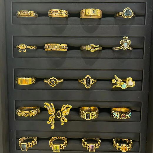 复古款做旧重工古金色锆石戒指女开口可调节小众高级个性百搭新品 J4839 开口可调节